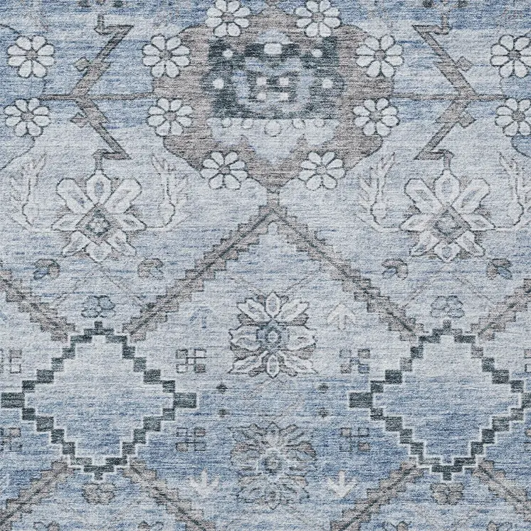 8' X 10' Sky Blue And Denim Blue Floral Washable Indoor Outdoor Area Rug
