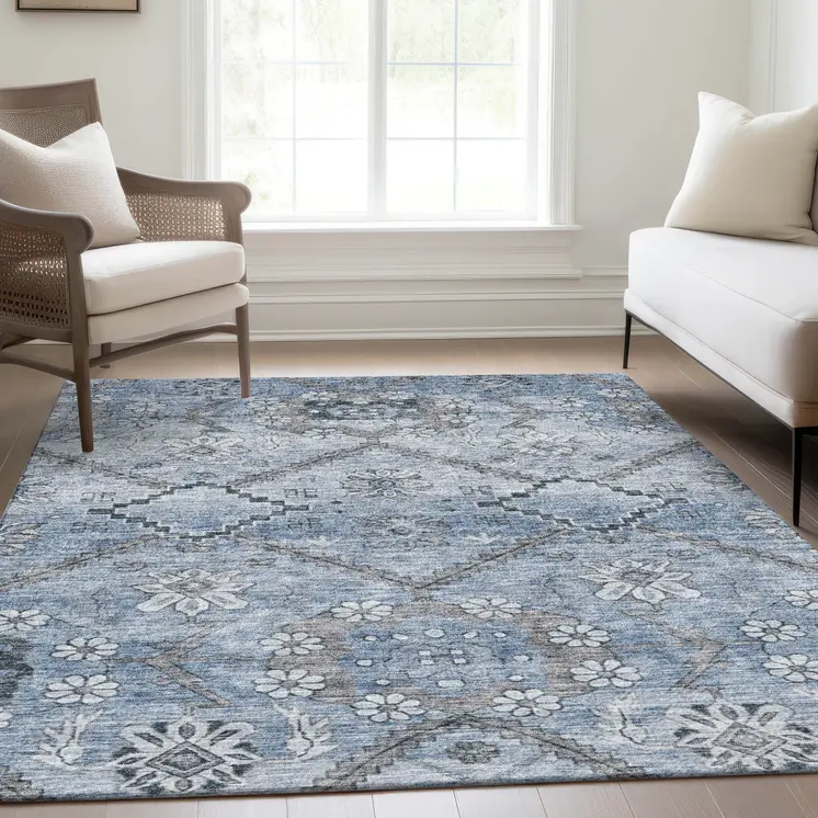 8' X 10' Sky Blue And Denim Blue Floral Washable Indoor Outdoor Area Rug