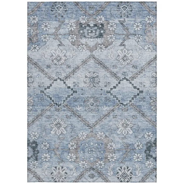 9' X 12' Sky Blue And Denim Blue Floral Washable Indoor Outdoor Area Rug
