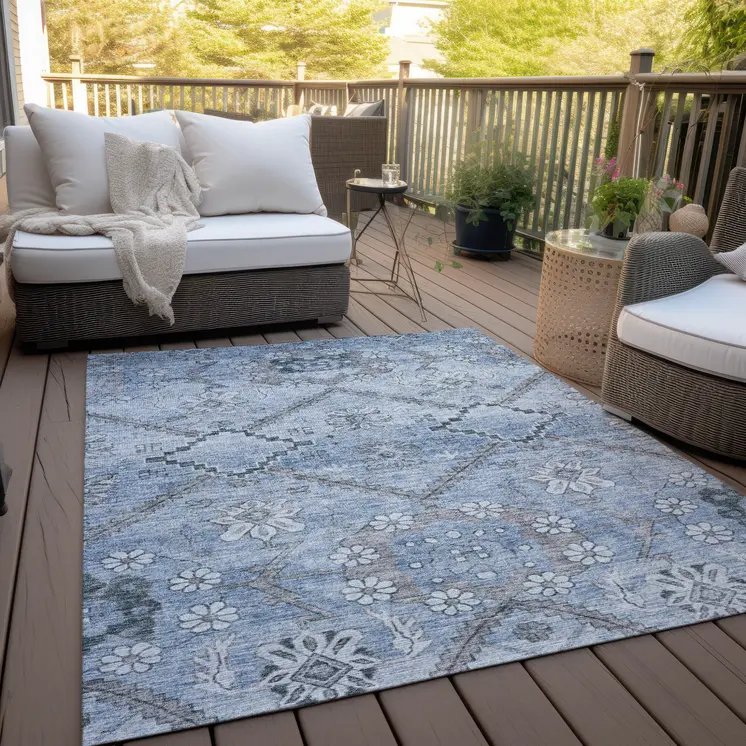 9' X 12' Sky Blue And Denim Blue Floral Washable Indoor Outdoor Area Rug
