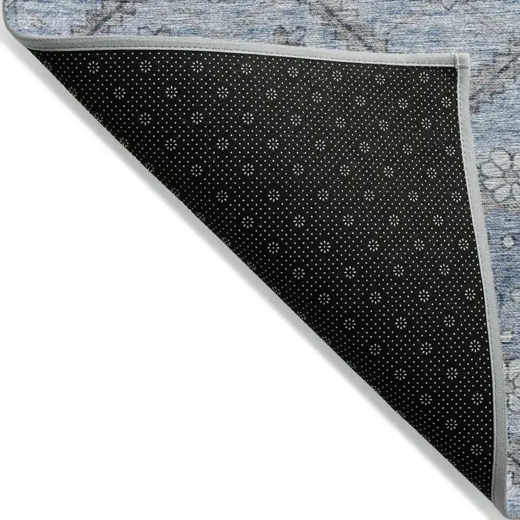 9' X 12' Sky Blue And Denim Blue Floral Washable Indoor Outdoor Area Rug
