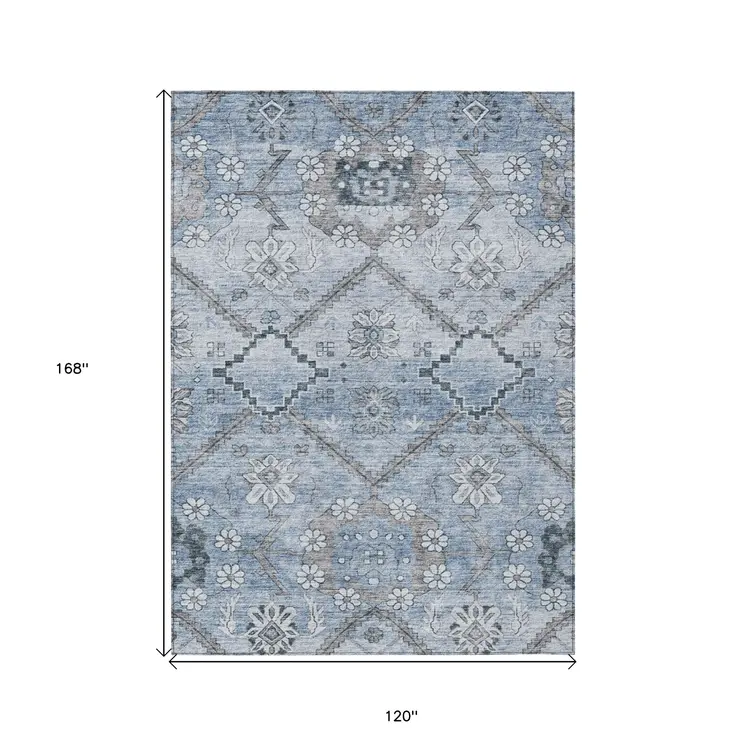 10' X 14' Sky Blue And Denim Blue Floral Washable Indoor Outdoor Area Rug