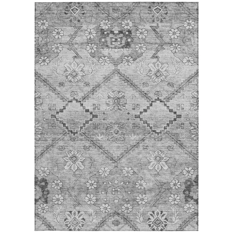 3' X 5' Gray Charcoal And Silver Floral Washable Indoor Outdoor Area Rug