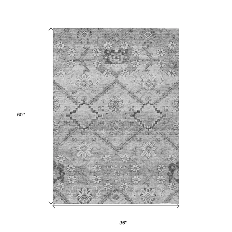 3' X 5' Gray Charcoal And Silver Floral Washable Indoor Outdoor Area Rug