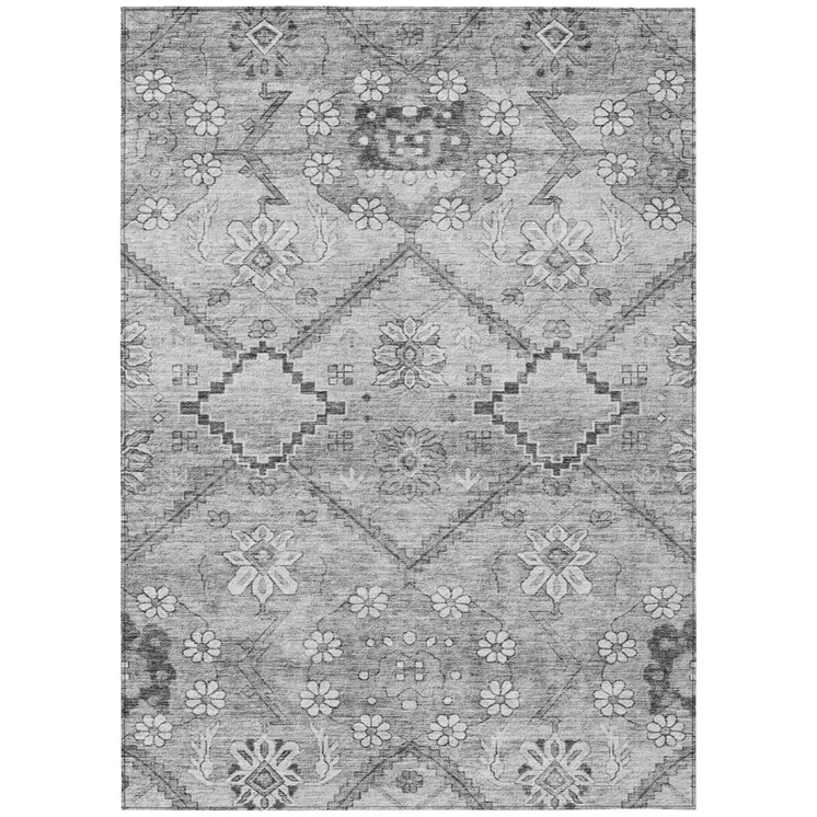 3' X 5' Gray Charcoal And Silver Floral Washable Indoor Outdoor Area Rug