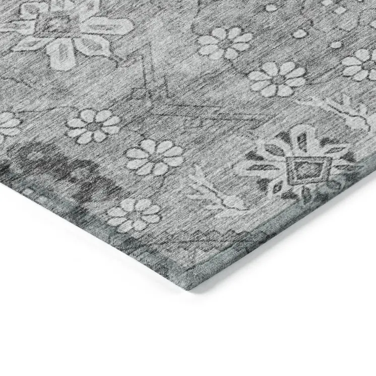 3' X 5' Gray Charcoal And Silver Floral Washable Indoor Outdoor Area Rug