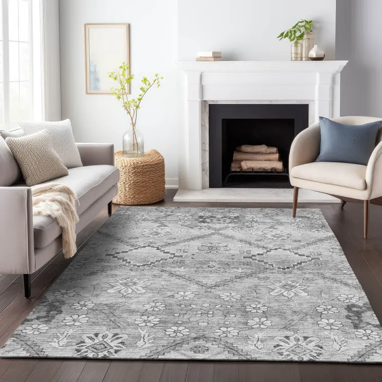 3' X 5' Gray Charcoal And Silver Floral Washable Indoor Outdoor Area Rug