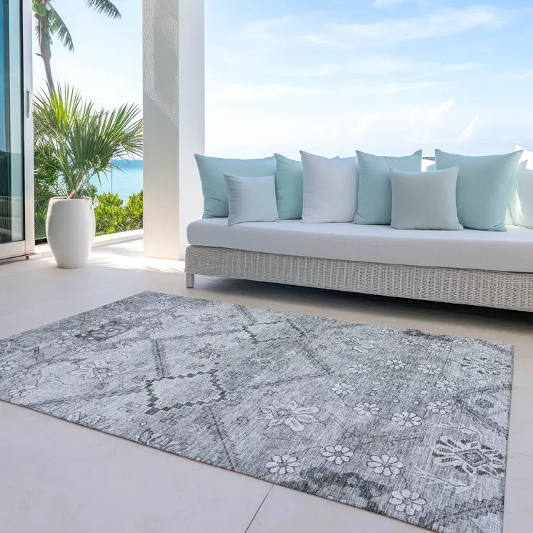 5' X 8' Gray Charcoal And Silver Floral Washable Indoor Outdoor Area Rug