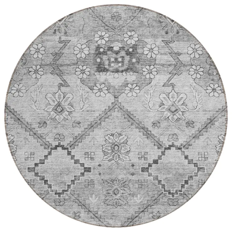 8' Gray Charcoal And Silver Round Floral Washable Indoor Outdoor Area Rug