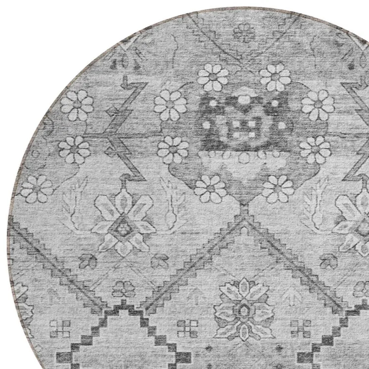 8' Gray Charcoal And Silver Round Floral Washable Indoor Outdoor Area Rug