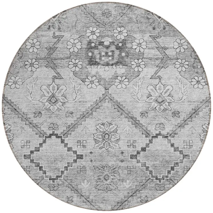 8' Gray Charcoal And Silver Round Floral Washable Indoor Outdoor Area Rug