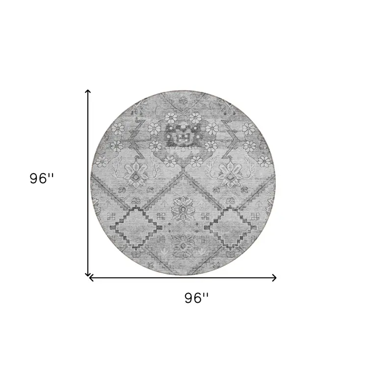 8' Gray Charcoal And Silver Round Floral Washable Indoor Outdoor Area Rug