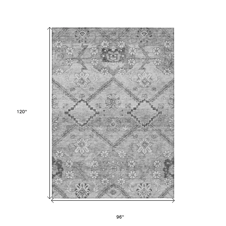 8' X 10' Gray Charcoal And Silver Floral Washable Indoor Outdoor Area Rug