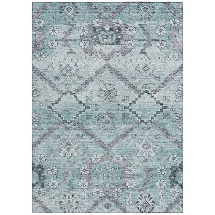 3' X 5' Teal Blue Aqua And Gray Floral Washable Indoor Outdoor Area Rug