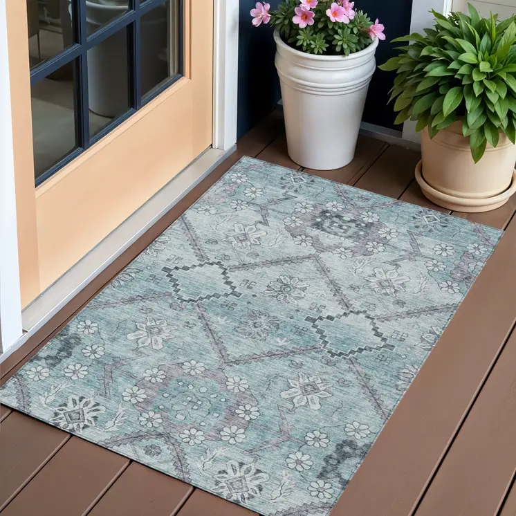 3' X 5' Teal Blue Aqua And Gray Floral Washable Indoor Outdoor Area Rug
