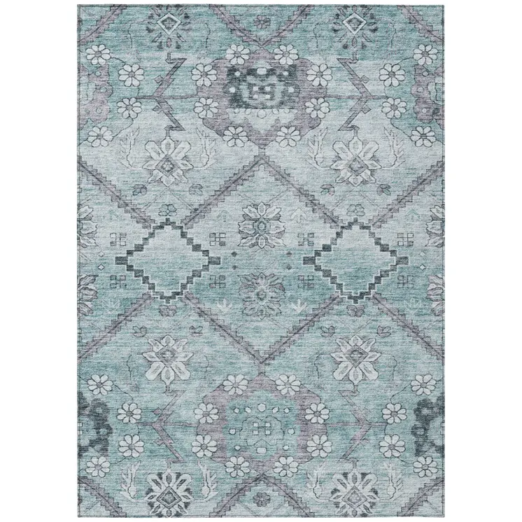 3' X 5' Teal Blue Aqua And Gray Floral Washable Indoor Outdoor Area Rug