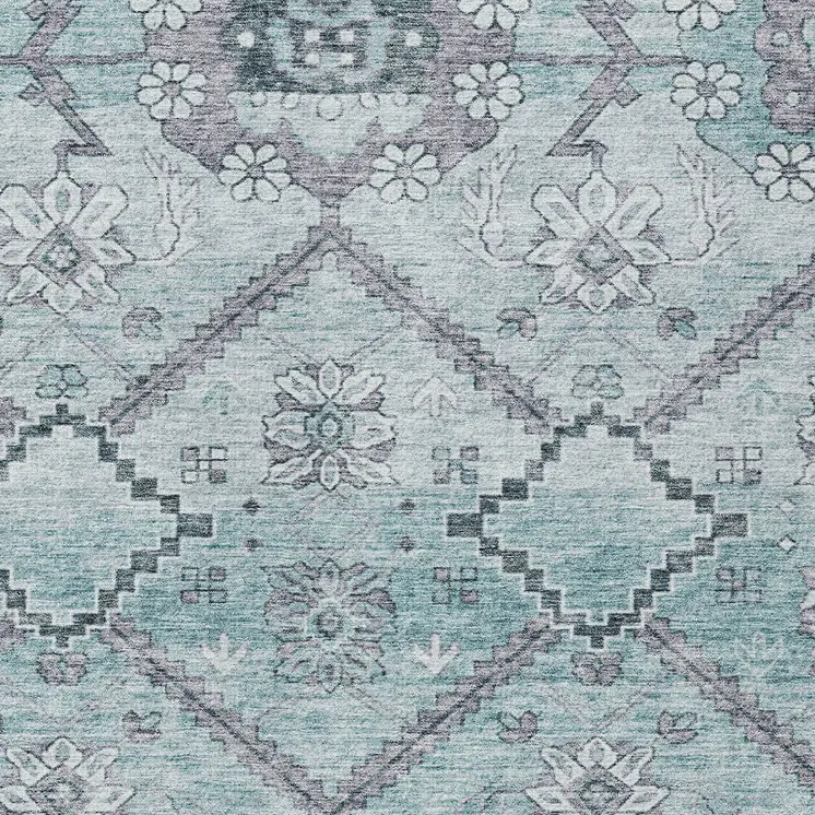 3' X 5' Teal Blue Aqua And Gray Floral Washable Indoor Outdoor Area Rug