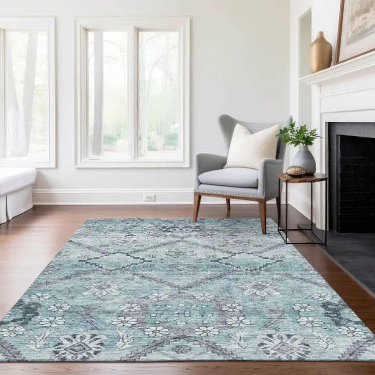 3' X 5' Teal Blue Aqua And Gray Floral Washable Indoor Outdoor Area Rug