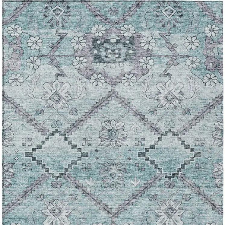 5' X 8' Teal Blue Aqua And Gray Floral Washable Indoor Outdoor Area Rug