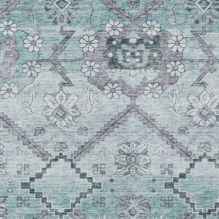 5' X 8' Teal Blue Aqua And Gray Floral Washable Indoor Outdoor Area Rug