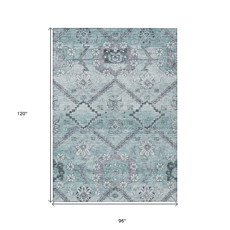 8' X 10' Teal Blue Aqua And Gray Floral Washable Indoor Outdoor Area Rug