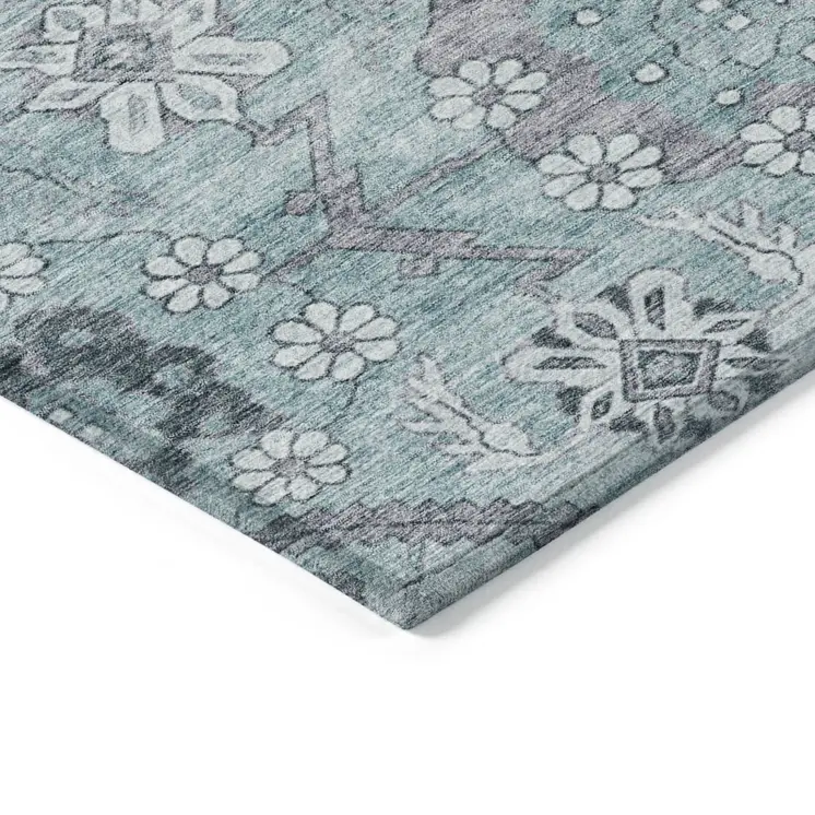 8' X 10' Teal Blue Aqua And Gray Floral Washable Indoor Outdoor Area Rug