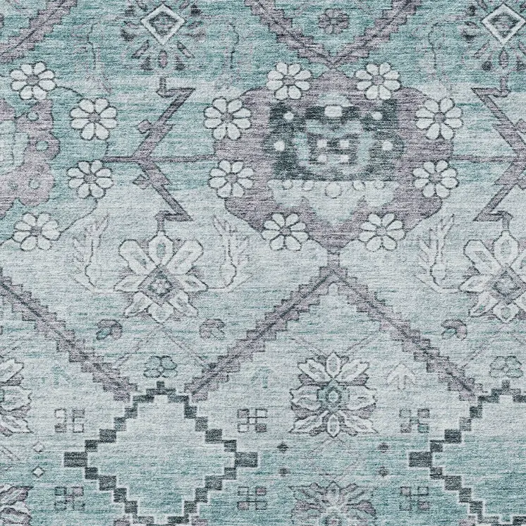8' X 10' Teal Blue Aqua And Gray Floral Washable Indoor Outdoor Area Rug