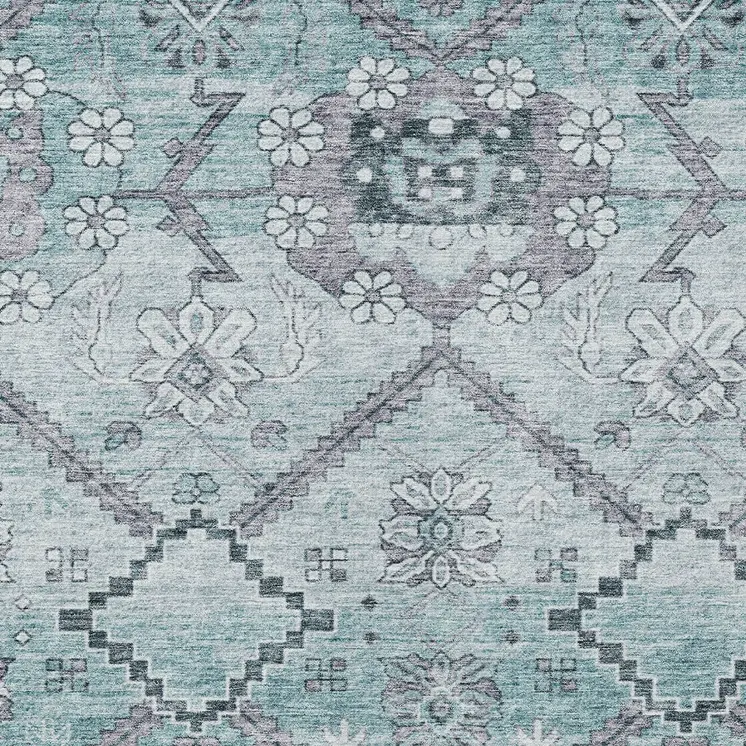 9' X 12' Teal Blue Aqua And Gray Floral Washable Indoor Outdoor Area Rug