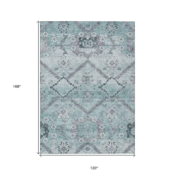 10' X 14' Teal Blue Aqua And Gray Floral Washable Indoor Outdoor Area Rug