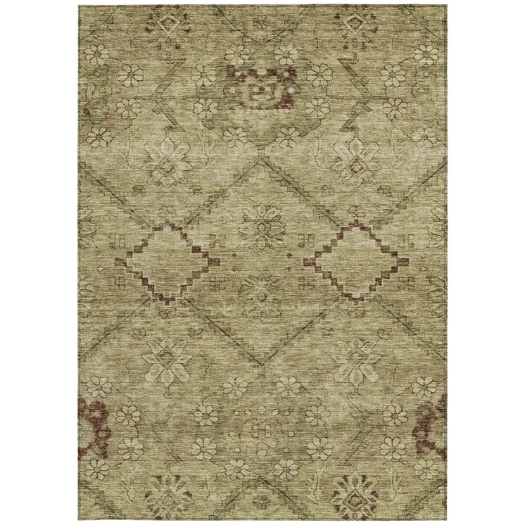 3' X 5' Brown Beige And Artichoke Green Floral Washable Indoor Outdoor Area Rug