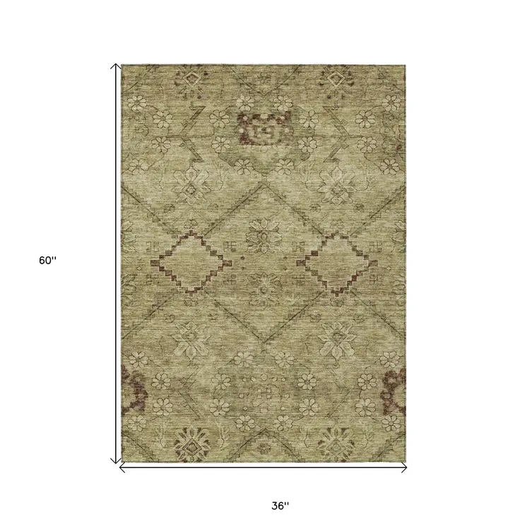 3' X 5' Brown Beige And Artichoke Green Floral Washable Indoor Outdoor Area Rug