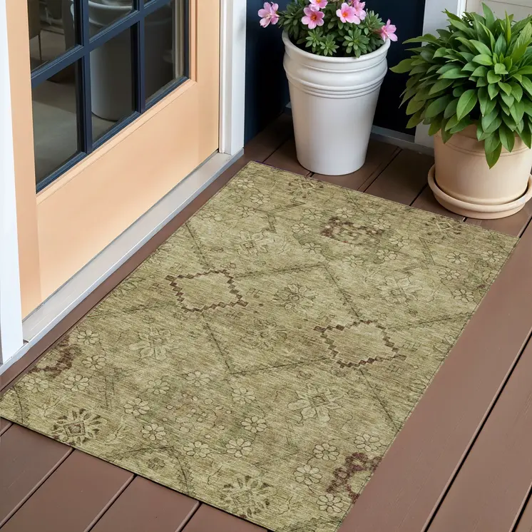 3' X 5' Brown Beige And Artichoke Green Floral Washable Indoor Outdoor Area Rug