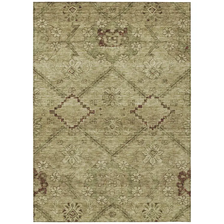 3' X 5' Brown Beige And Artichoke Green Floral Washable Indoor Outdoor Area Rug