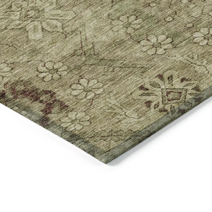 3' X 5' Brown Beige And Artichoke Green Floral Washable Indoor Outdoor Area Rug
