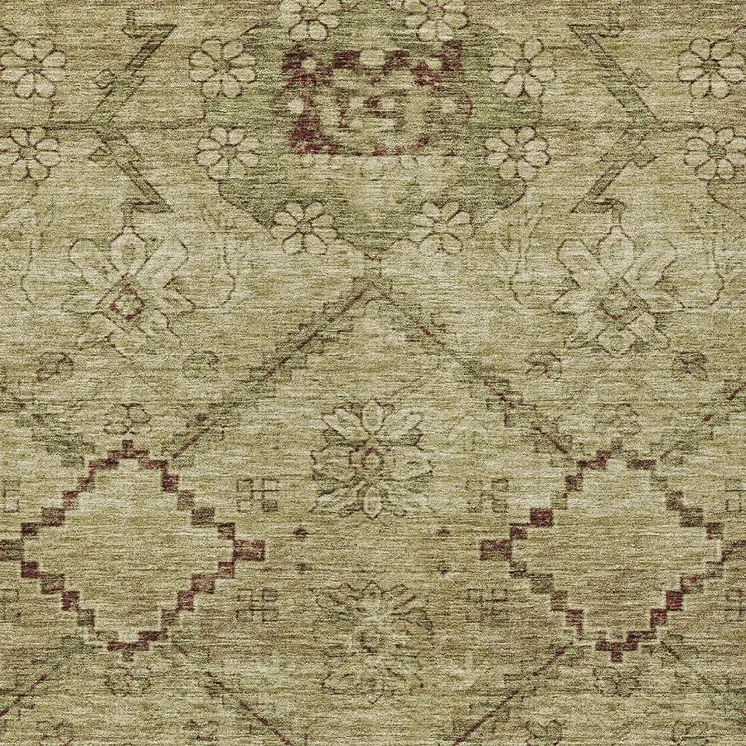 3' X 5' Brown Beige And Artichoke Green Floral Washable Indoor Outdoor Area Rug