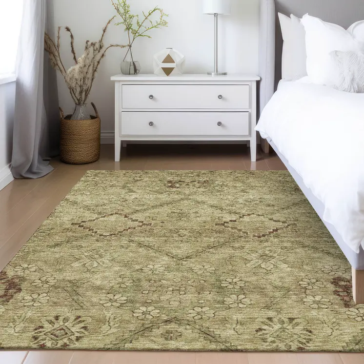 3' X 5' Brown Beige And Artichoke Green Floral Washable Indoor Outdoor Area Rug