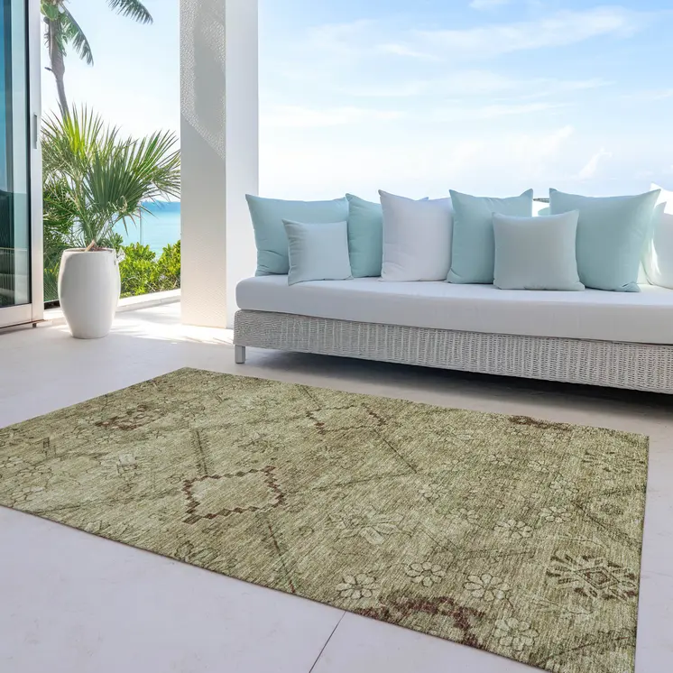 5' X 8' Brown Beige And Artichoke Green Floral Washable Indoor Outdoor Area Rug