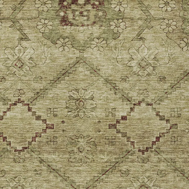 5' X 8' Brown Beige And Artichoke Green Floral Washable Indoor Outdoor Area Rug