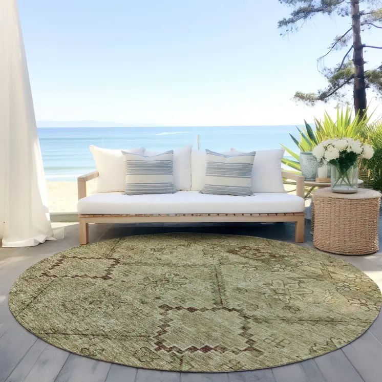 8' Brown Beige And Artichoke Green Round Floral Washable Indoor Outdoor Area Rug