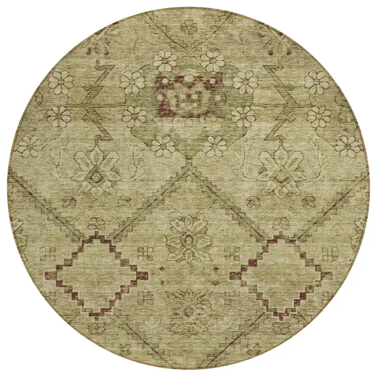 8' Brown Beige And Artichoke Green Round Floral Washable Indoor Outdoor Area Rug