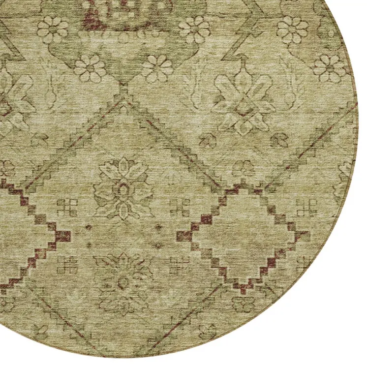 8' Brown Beige And Artichoke Green Round Floral Washable Indoor Outdoor Area Rug