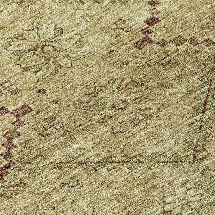 8' Brown Beige And Artichoke Green Round Floral Washable Indoor Outdoor Area Rug