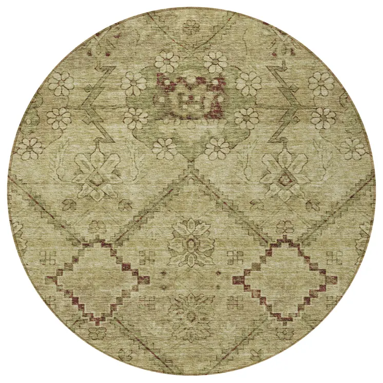 8' Brown Beige And Artichoke Green Round Floral Washable Indoor Outdoor Area Rug