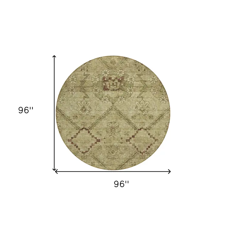 8' Brown Beige And Artichoke Green Round Floral Washable Indoor Outdoor Area Rug