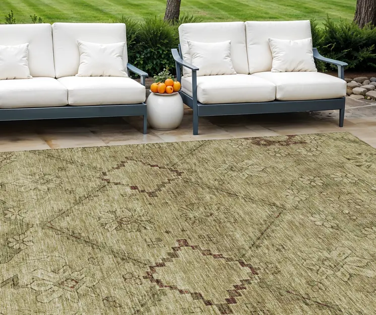 8' X 10' Brown Beige And Artichoke Green Floral Washable Indoor Outdoor Area Rug