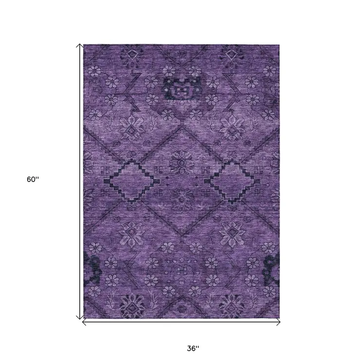 3' X 5' Eggplant Purple And Plum Floral Washable Indoor Outdoor Area Rug