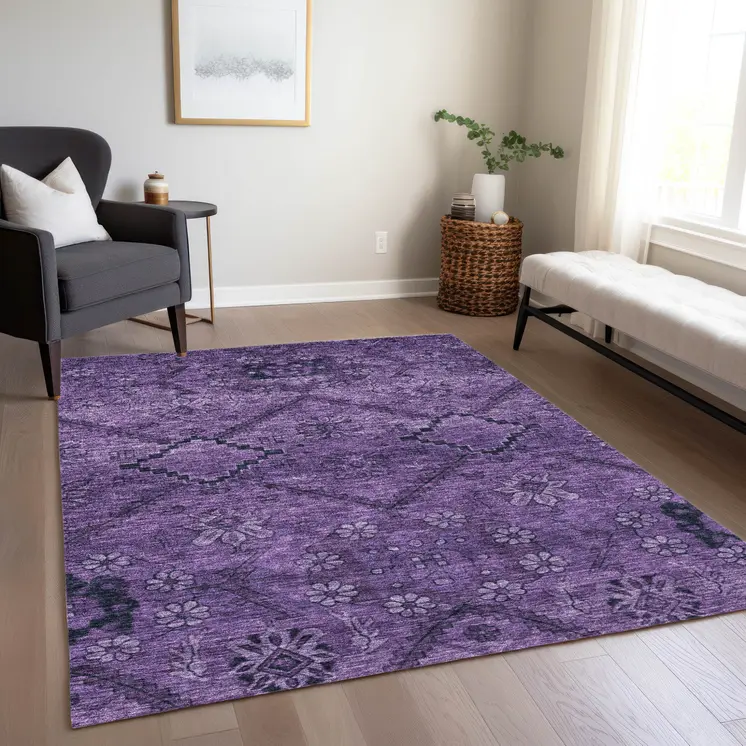 3' X 5' Eggplant Purple And Plum Floral Washable Indoor Outdoor Area Rug