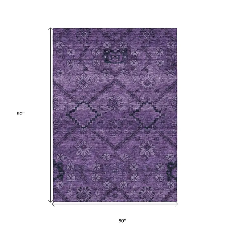 5' X 8' Eggplant Purple And Plum Floral Washable Indoor Outdoor Area Rug