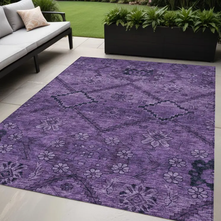 5' X 8' Eggplant Purple And Plum Floral Washable Indoor Outdoor Area Rug
