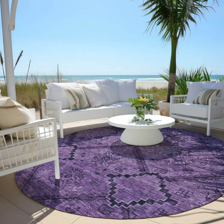8' Eggplant Purple And Plum Round Floral Washable Indoor Outdoor Area Rug